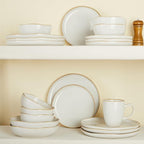Pokini 18 Piece White Reactive Glaze Dinnerware Set for 6, Irregular Coastal Shape Stoneware | Elegant & Minimal Design for Daily Family Dinners or Weekend Guests