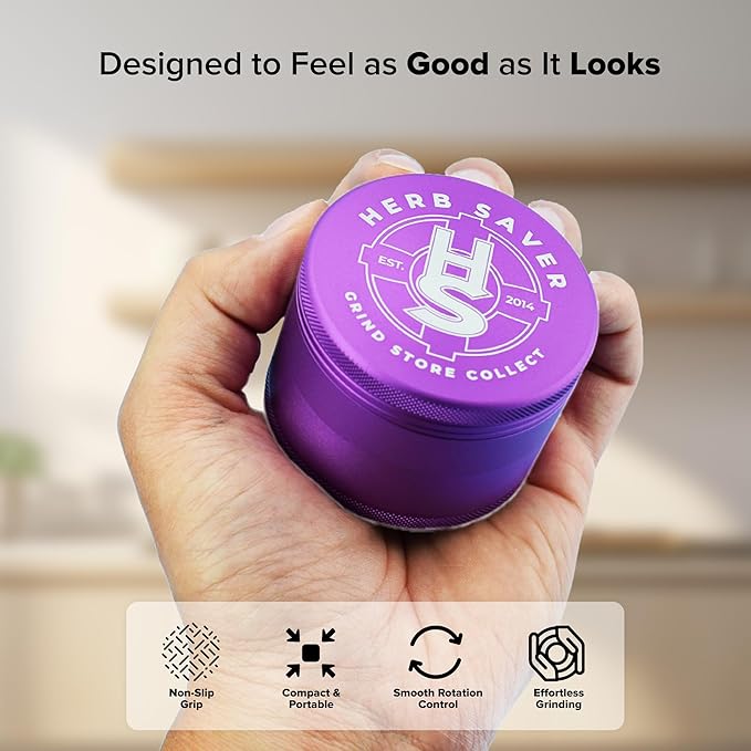 HerbSaver 2.5 Inch Aluminum Spice Grinder – Manual Kitchen Grinder with Sharp Teeth, Magnetic Lid, Matte Finish for Pepper, Salt and Seasonings (Purple)