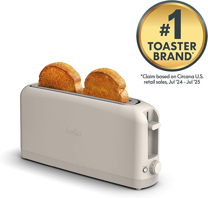 bella 2 Slice Slim Toaster, Fits-anywhere™ Kitchenware, 6 Setting Shade Control with Reheat & Cancel Buttons, Fits sourdough, 10” Long Slot, Anti Jam & Auto Shutoff, 900 Watt, Oatmilk
