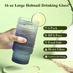 Large Capacity 16 oz Hobnail Drinking Glasses Set of 6, Vintage Glassware Drinking Glasses, Gradual Gray-blue Water Glasses Tumbler, Cups for Kitchen, Juice, Beer, Cocktail, Whiskey