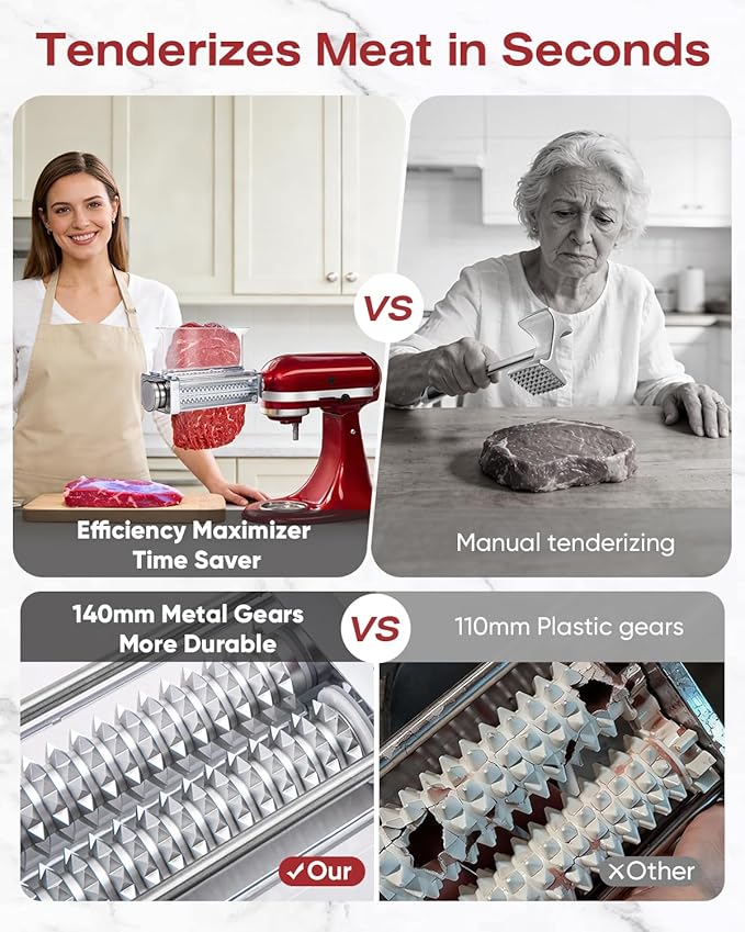 Adjustable Meat Tenderizer Attachment for KitchenAid Stand Mixers 3 Thickness Settings with Wide Metal Wheel & Tall Chute Meat Tenderizer Tool (meat tenderizer)