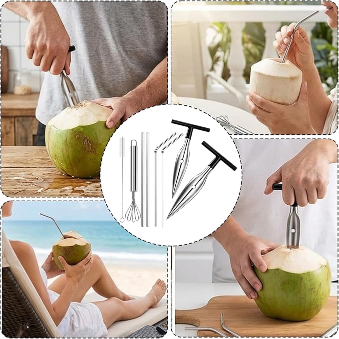 Coconut Opener Tool, 8-Piece Coconut Cutter Set with Stainless Steel Openers and Grater for Easy Coconut Preparation, Includes 4 Straws and Cleaning Brush for Complete Coconut Experience