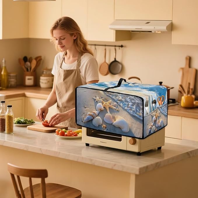 Beach Starfish Shell Print Toaster Oven Scratch-resistant Cover, Heat-resistant Small Appliance Cover for Kitchen Counter with Storage Pockets (Medium-16.1 * 19.71 * 10 inches)