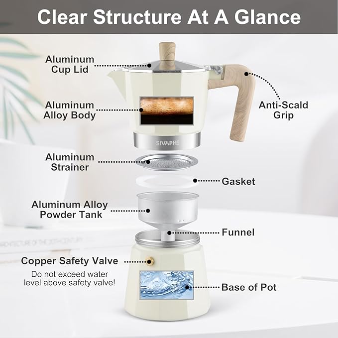 Sivaphe Aluminum Moka Pot 3 Espresso Cups, Percolator Espresso and Coffee Maker, Portable Stovetop Italian and Cuban Café Brewer for Home and Camping White