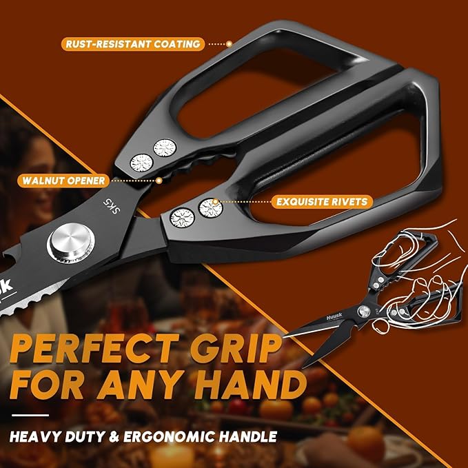 HUUSK Kitchen Scissors for Food - Stainless Steel Kitchen Shears, Sharp Black Meat Scissors Dishwasher Safe, Heavy Duty Poultry Shears, Japanese Cooking Scissor for Chicken, Christmas Gifts for Men