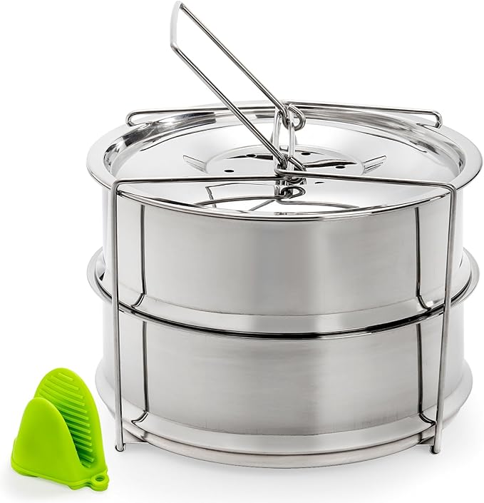 WUWEOT Stackable Steamer Insert Pans, 7.8 Inches Stainless Steel Pot-in-Pot Baking Pan, 2 Tier Pressure Cooker Accessories with Sling Handle and Silicone Gloves for Instant Pot