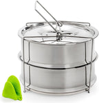 WUWEOT Stackable Steamer Insert Pans, 7.8 Inches Stainless Steel Pot-in-Pot Baking Pan, 2 Tier Pressure Cooker Accessories with Sling Handle and Silicone Gloves for Instant Pot