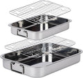 2 Pcs 13"15.4" Stainless Steel Roasting Pans with Handles, Baking Pan for Oven Includes 2 Flat Racks, Dishwasher Safe Rectangular Lasagna Pan for Turkey, Chicken and Roasting, Silver