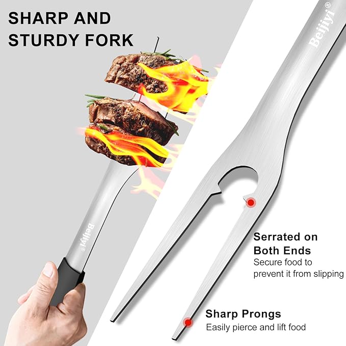 Beijiyi 2-Piece Heavy Duty BBQ Grill Tools Set, Professional Stainless Steel Grilling Spatula & Fork with Full Tang Silicone Handle, Outdoor Grill Accessories for Barbecue Cooking