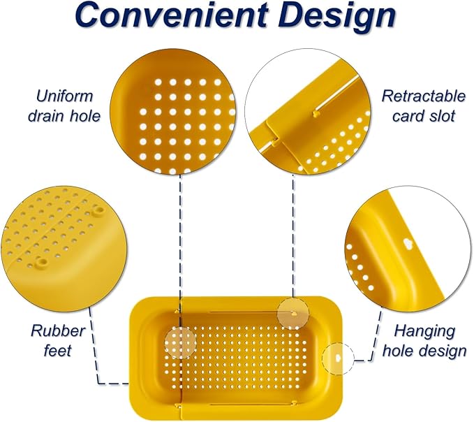 Extendable Sink Colander Strainer Basket - Wash Vegetables and Fruits, Drain Cooked Pasta and Dry Dishes - Adjustable Over the Sink Colander Collapsible Drainer Basket - Yellow