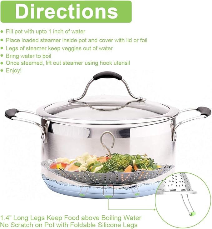 Stainless Steel Steamer Basket, Vegetable Steamer Basket for Instant Pot, Insert for Veggie/Seafood Cooking/Boiled Eggs with Safety Tool - Adjustable Sizes to fit Various Pots (5.1" to 9.5")