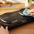 OVENTE Electric Countertop Double Burner, 1700W Cooktop with 7.25" and 6.10" Cast Iron Hot Plates, Temperature Control, Portable Cooking Stove and Easy to Clean Stainless Steel Base, Black BGS102B