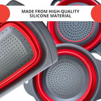 Set of 3 Red Silicone Plastic Kitchen Colanders – Folding Sizes Silicone Collapsible Colander Set Red Plastic Foldable Strainer for Pasta Vegetables Camping Kitchen
