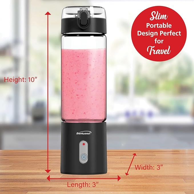 Brentwood 50-Watt 17-Oz. Portable Battery-Operated USB-Chargeable Glass Blender (Black)