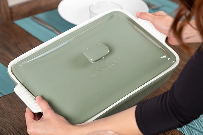 ROSSALLINI Stoneware Casserole Dish Bakeware Set with Lid, Covered Rectangular Dinnerware, Large 3.2 Quart, 11 by 9 Inch, Verde Salvia [Sage Green]