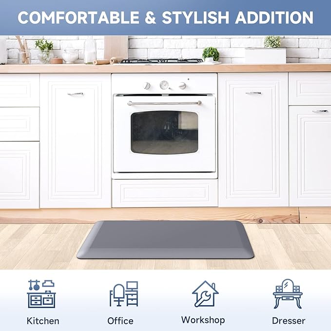 StepRite 4/5 Inch Thick Kitchen Mat Anti Fatigue Mat Kitchen Rugs Kitchen Decor Non-Slip, Stain & Water Resistant, Kitchen Mats Desk Mat for Kitchen, Office, Workshop, Grey, 17'' x 28''