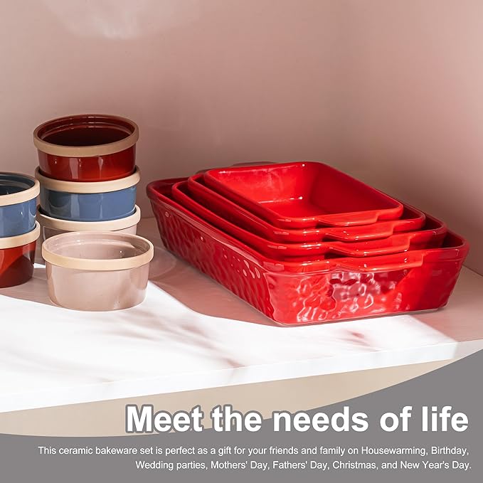 Dafuceramic Casserole Dishes for Oven, Baking Dishes, Ceramic Bakeware Sets of 4, Rectangular Baking Pan Set with Handles for Baking, Casserole, Kitchen, Wedding Gift (Red)