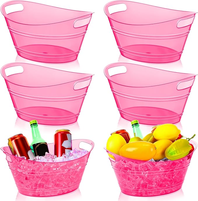 meekoo 6 Pcs Plastic Ice Buckets Bulk with Handles 4.5L Oval Storage Tub Large Capacity Ice Drink Bucket for Party Bar Wine Beer Champagne Beverage Bottle Cooler (4.5 L,Rose Red)