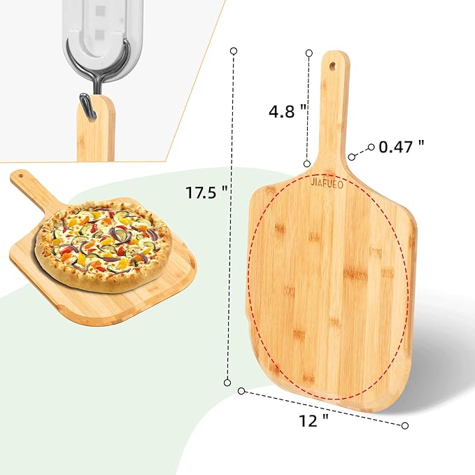 Pizza Peel 12 inch, Bamboo Pizza Paddle Spatula - Wooden Serving Board, Oven Accessory for Baking Homemade, Wood Cutting Board for Cheese Bread Fruit Vegetables