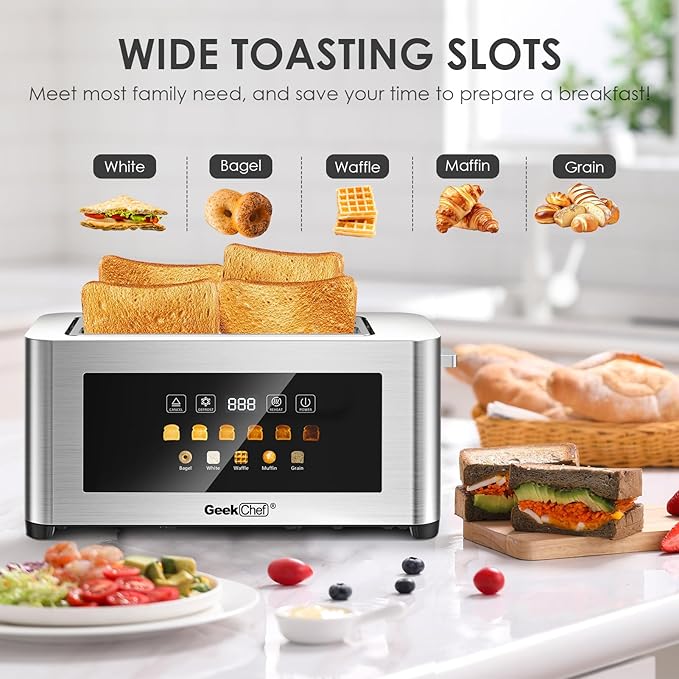 Geek Chef Toaster 4 Slice, 1.5" Touch Screen Extra Wide Slots for Bagels & Waffles, 6 Browning Levels, Timer, Reheat, Defrost, Cancel Function, Auto Shut-Off, Removable Crumb Tray, Stainless Steel