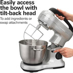 Hamilton Beach Electric Stand Mixer, 4 Quarts, Dough Hook, Flat Beater Attachments, Splash Guard, 7 Speeds with Whisk, Easy-Carry Top Handle, Silver
