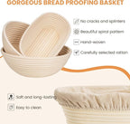Banneton Bread Proofing Basket, Kikcoin Round Oval Proofing Basket Set of 3 (9" Round & 10" Round & 10" Oval), Sourdough Proofing Basket with Linen Liner, Bread Lame, Metal Scraper
