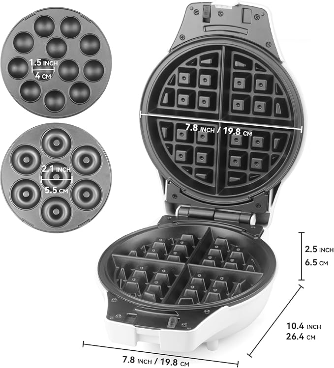 Thick Belgian Waffle Maker with 3 Removable Plates, 7” Non Stick Belgian Waffle Iron Removable Plates, 3 in 1 Mini Donut Maker Machine, Cake Pop Maker Machine Set with Accessories & Tools