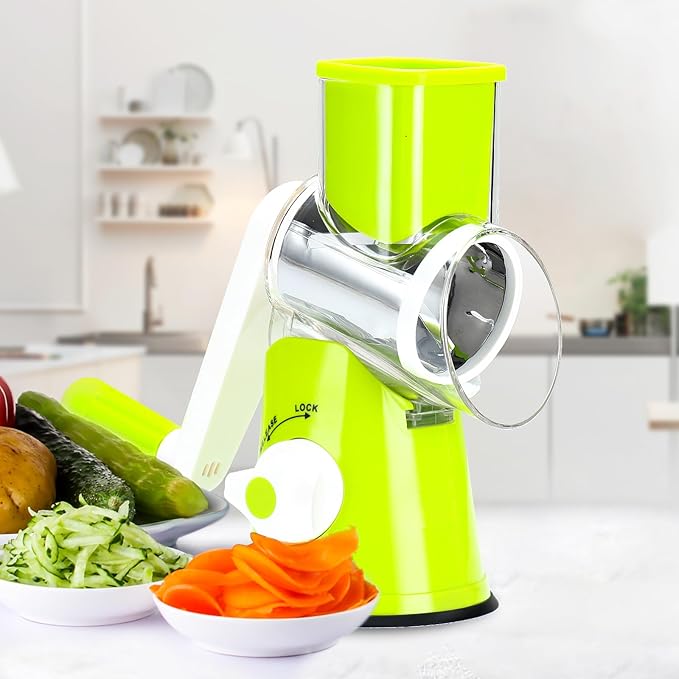 Cambom Rotary Cheese Grater Hand Crank Cheese Shredder for Fresh Cheese, Vegetable, Nuts,Non-slip Suction Base, Free Cleaning Brush Three Blades, Green