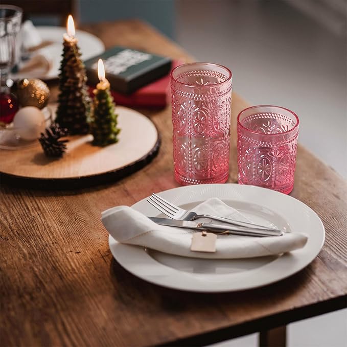 Darlion Pink Glassware Set of 4, Vintage Drinking Glasses, Colored Glassware Drinking, Highball Embossed Beverage Glasses Cup for Party Wedding Home Office and Gift (2pcs12oz+2pcs10oz