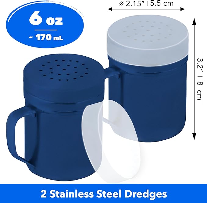 CUSINIUM 6oz Navy Blue Stainless Steel Salt Pepper Dredge Shakers - With Plastic Cap - With Handle - Pack of 2