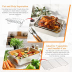 Turkey Roaster Roasting V Rack,15.6*11.6*4 inch Stainless Steel Roasting Pan with 2 Rack(Flat Rack and Rib Rack) for Smoker Smoking/Dual Purpose for Large Big Green Egg and Kamado Joe Etc