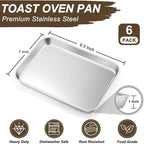 TeamFar Toaster Oven Tray, 6 Pack Stainless Steel Small Baking Sheet Pan Set, Metal Cookie Sheets for Baking/Broiling/Serving, Non-Toxic & Heavy Duty, Dishwasher Safe, 9.3” x 7” x 1”