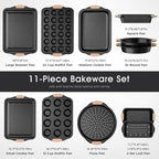 11-Piece Baking Pans Set, Nonstick Bakeware Sets, Oven Pans for Baking with Silicone Handles, Includes Cookie Sheet, Cake Pans, Loaf Pan, Pizza Pan, Muffin Pan, Khaki&Black