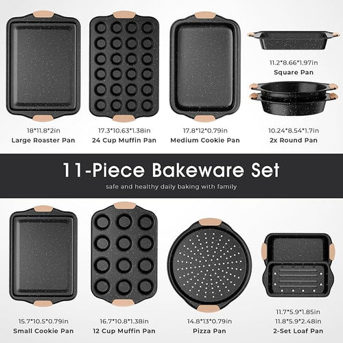 11-Piece Baking Pans Set, Nonstick Bakeware Sets, Oven Pans for Baking with Silicone Handles, Includes Cookie Sheet, Cake Pans, Loaf Pan, Pizza Pan, Muffin Pan, Khaki&Black
