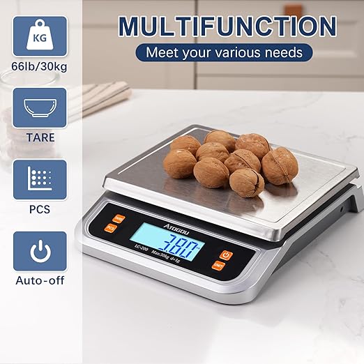 ATOGOU 66lb Food Scale, Commercial Kitchen Scale Plug-in Usable with Full View LCD Display, Stainless Steel, for Baking, Bread, Cooking, Meat, Vegetables, Farm, Industry LC200 Silver