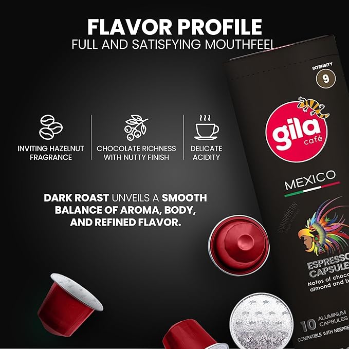 GILA Café Mexico Aluminum Coffee Capsules – Dark Roast Espresso Pods Compatible with Nespresso Original Machines – 100% Mexican Arabica Coffee, Chocolate & Nut Flavor Notes, 60 Count