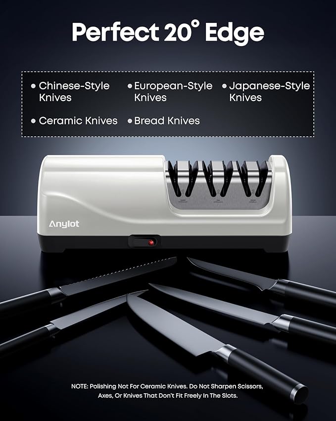 Kitchen Electric Knife Sharpener, 3-Stage Diamond Knife Sharpener Electric with 20° Precision Angle Guide, Fast & Safe Sharpening for Kitchen Knives, Home Use & Beginners (White)