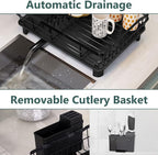 AIDERLY Iron Dish Drying Rack with Drainboard Dish Drainers for Kitchen Counter Extendable Spout Strainers with Utensil Holder and Knife Slots, Black