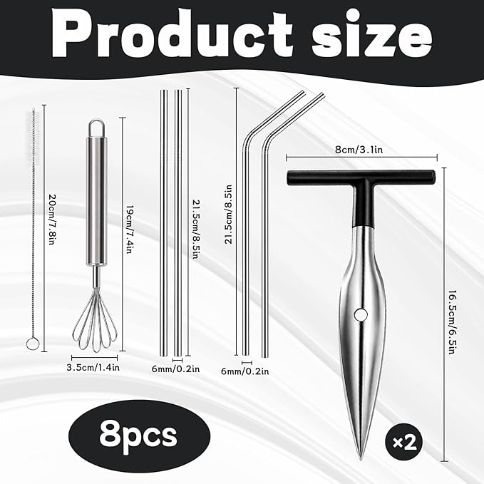 Coconut Opener Tool, 8-Piece Coconut Cutter Set with Stainless Steel Openers and Grater for Easy Coconut Preparation, Includes 4 Straws and Cleaning Brush for Complete Coconut Experience
