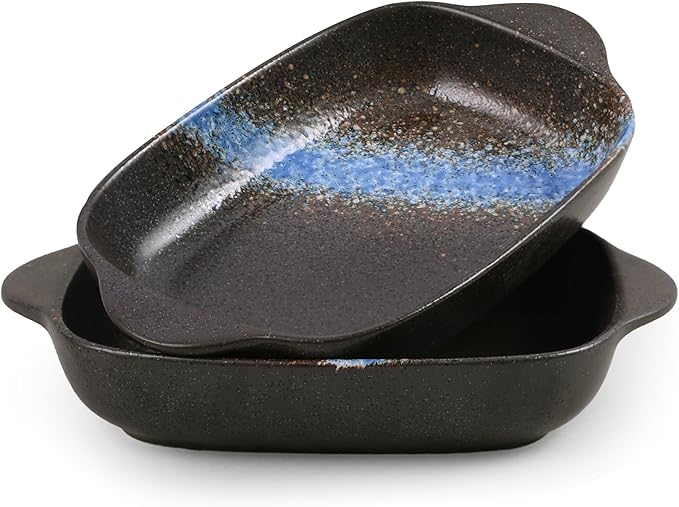 2-Pack Ceramic Au Gratin Baking Dishes with Handles, 8.7" Rectangular Small Casserole Dishes for Oven, Black Blue Glaze Mini Baking Dish Set, 16 oz Individual Serving Bakeware