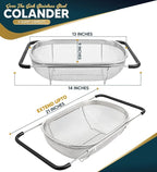 Over the Sink Colander for Kitchen - 6 Quart Over the Sink Strainer Basket with Extendable Ergonomic Handles and Resting Feet - Multipurpose Fine Mesh Strainer for Kitchen