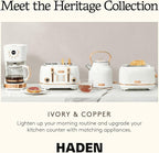 Haden Heritage 2 Slice Wide Slot Stainless Steel Toaster with Adjustable Browning Control & Non-Slip Feet, Ivory & Copper