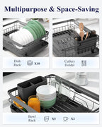 Kitsure Dish Drying Rack for Kitchen Counter, Stainless Steel Sink Organization and Storage Essentials with Cutlery Holder, Home and Appartment Decor, 12.2''W x 15.7''~23''L, Grey