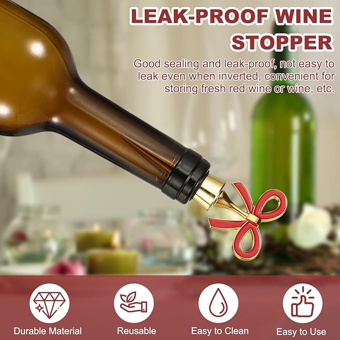 uxcell 2 Pcs Bow Wine Stopper, Reusable Wine Stoppers Airtight Leak-proof Bottle Plugs Liquor Saver Beer Beverage Glass Bottles Stopper for Bar Holiday Party Home Decor, Gold-Red