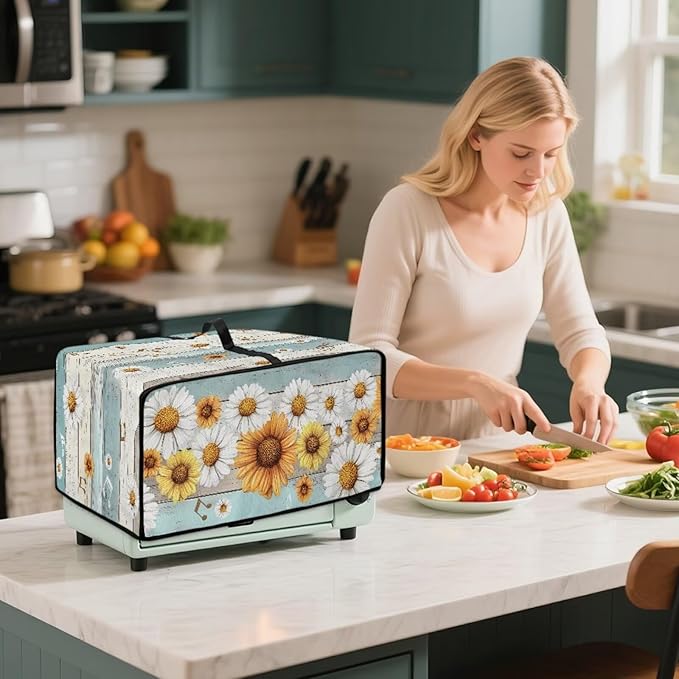 Wooden Board Daisy Print Toaster Oven Dust-proof Cover for Kitchen Small Appliance Fingerprint Protection Decorative Countertop Oven Protector (Small-14.5 * 18.46 * 9 inches)