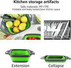 2 PCS Collapsible Colander, Collapsible Strainers for Kitchen, 11.5 inches Silicone Strainer and 9.5 inches Silicone Colander for Draining Vegetable fruit, Kitchen Food Strainer, Green