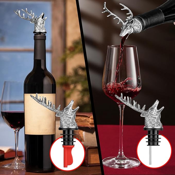 LKKCHER Deer Head Wine Bottle Pourer and Stopper Birthday Gifts Hunting Gifts for Hunters Men Dad Liquor Bottle Pourers Spout for Alcohol Spirits, Stag Gifts Wine Gifts, Dark Silver