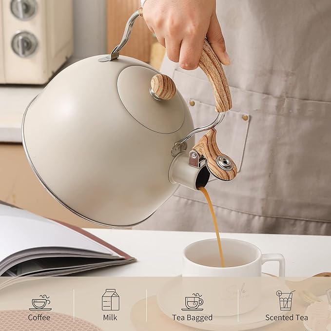 LONFFERY Tea Kettle for Stove Top, 2.5 Quart Whistling Tea Kettle, with Food Grade Stainless Steel and Wood Pattern Folding Handle, Creamy White