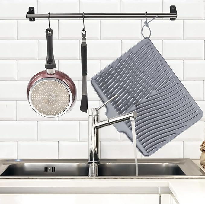 TIKNIK Silicone Dish Drying Mat, Stone Drying Mat for Kitchen Counter with Built-In Drain, Non-Slip Drain Pad with Built-in Drain, Heat Resistant Stone Drying Mat, Hangable, Grey-2pcs, 20" x 15"