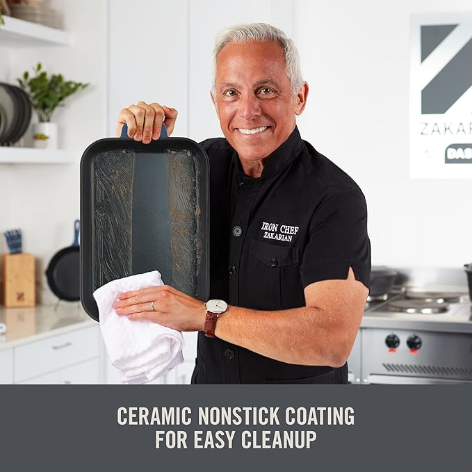 Zakarian x Dash Nonstick Cast Iron Baker - Oven-Safe Baking Pan for Pasta, Casseroles, Crumbles, and More - Easy-Release, Rust-Resistant, and Even Heat Distribution - Blue, 9-inch x 13-inch